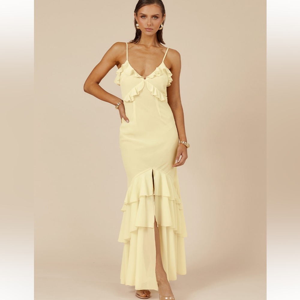 Runaway The Label Yellow Ruffled Asymmetrical Maxi Sundress